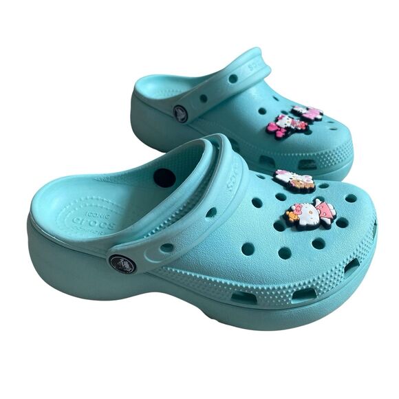Crocs Classic Platform Clogs Girls Size 4 EU 36 Aqua Blue With Charms - Picture 1 of 13